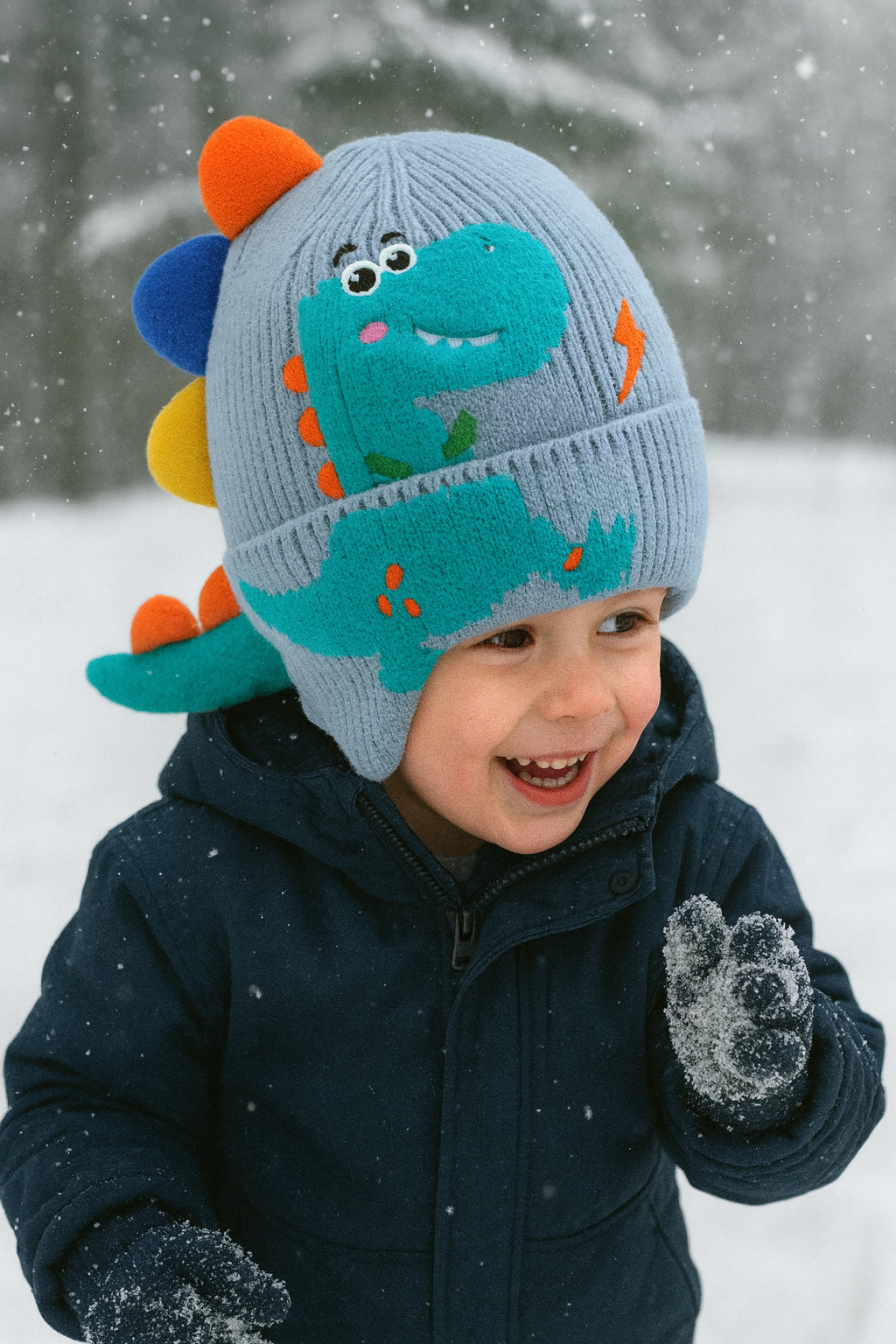 Dino Children’s 3D Embroidered Dinosaur Knitted Hat Kids Beanie Ear Cover Winter Hat