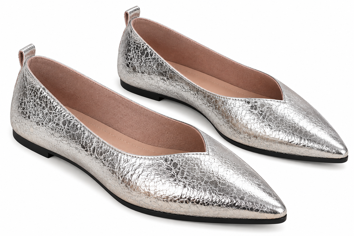 Crackle Metallic Pointed Toe Ballet Flats Slip-On Shiny Faux Leather V-cut Top Shoes