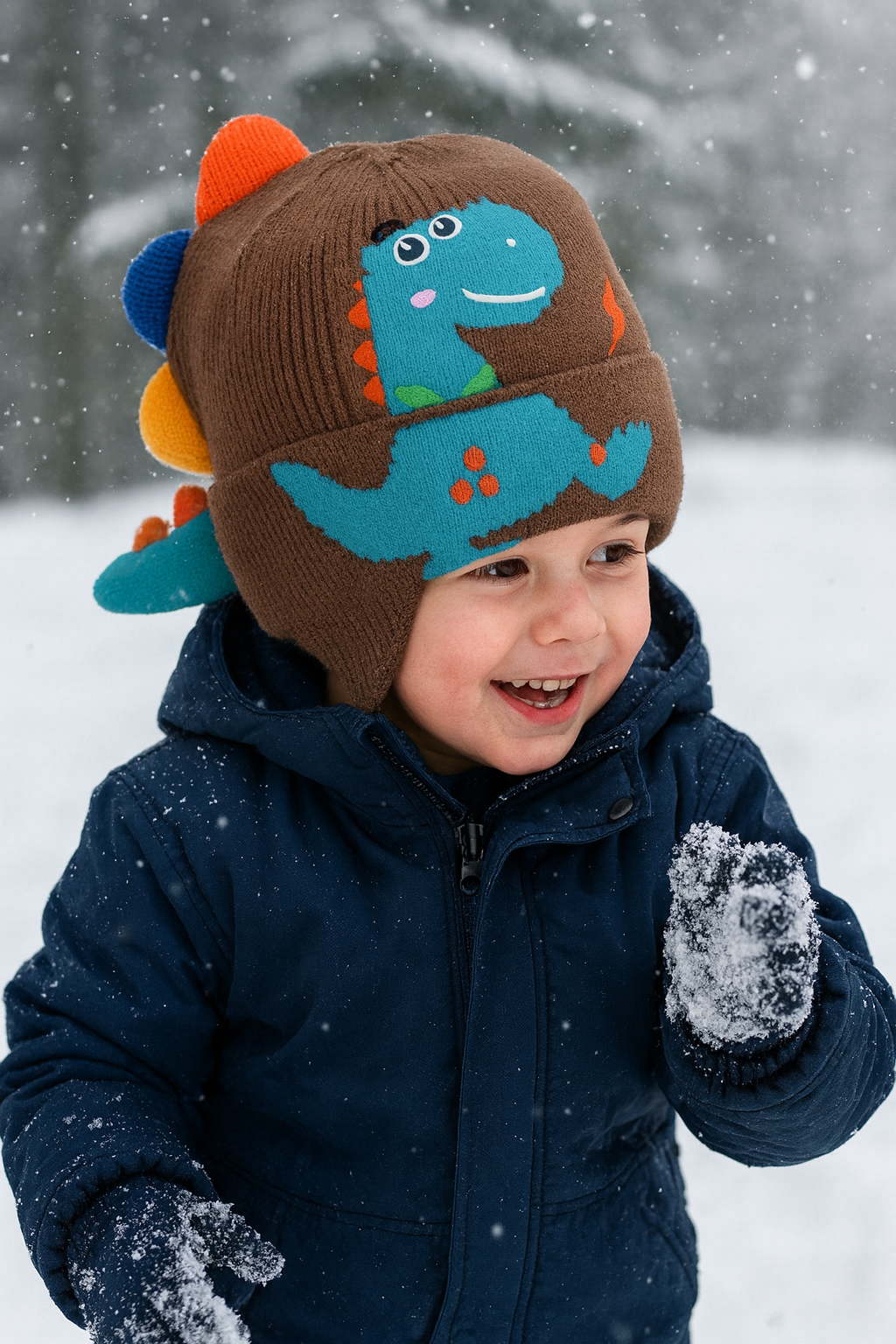 Dino Children’s 3D Embroidered Dinosaur Knitted Hat Kids Beanie Ear Cover Winter Hat