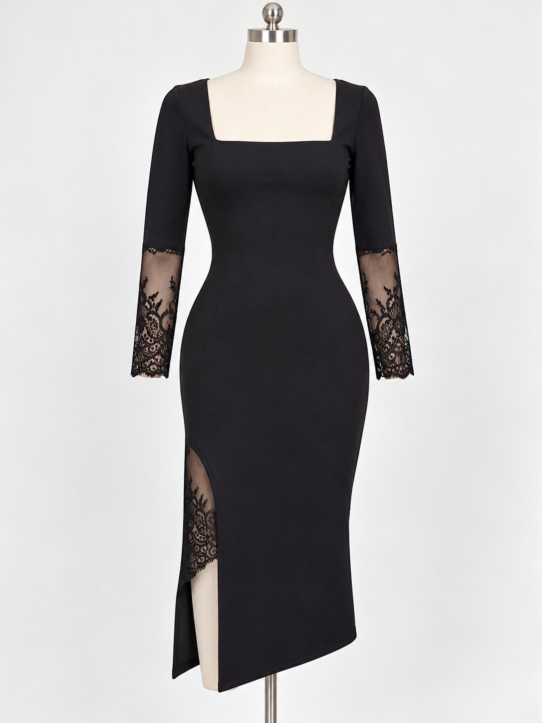 Square Neck Bodycon Floral Lace High Side Slit Sheer Pencil Long Sleeve Midi Dress