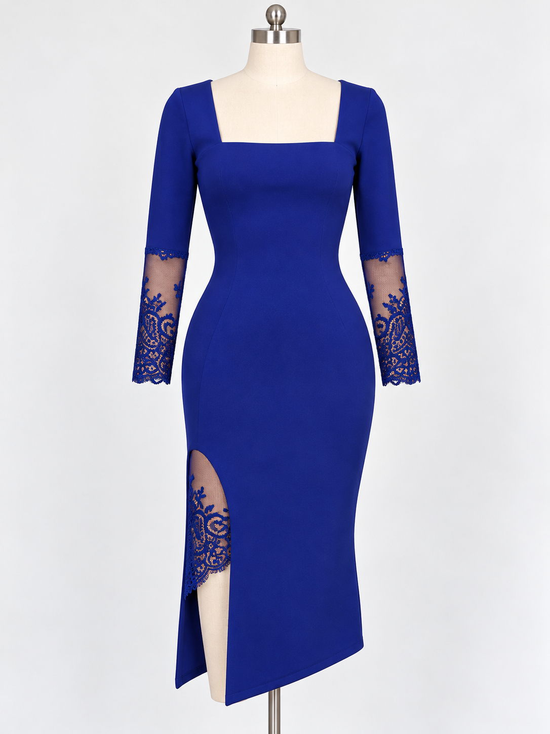 Square Neck Bodycon Floral Lace High Side Slit Sheer Pencil Long Sleeve Midi Dress