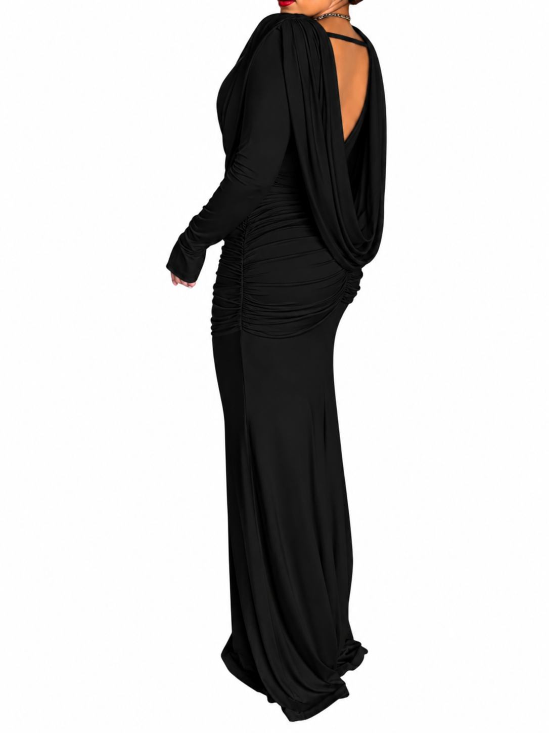Ruched Cowl Neck Long Sleeve Bodycon Maxi Dress Draped Open Back Formal Gown