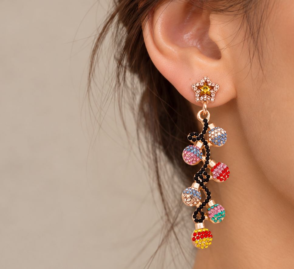 18K Gold Plated Rhinestone Christmas Light Bulb Holiday Dangle Statement Earrings