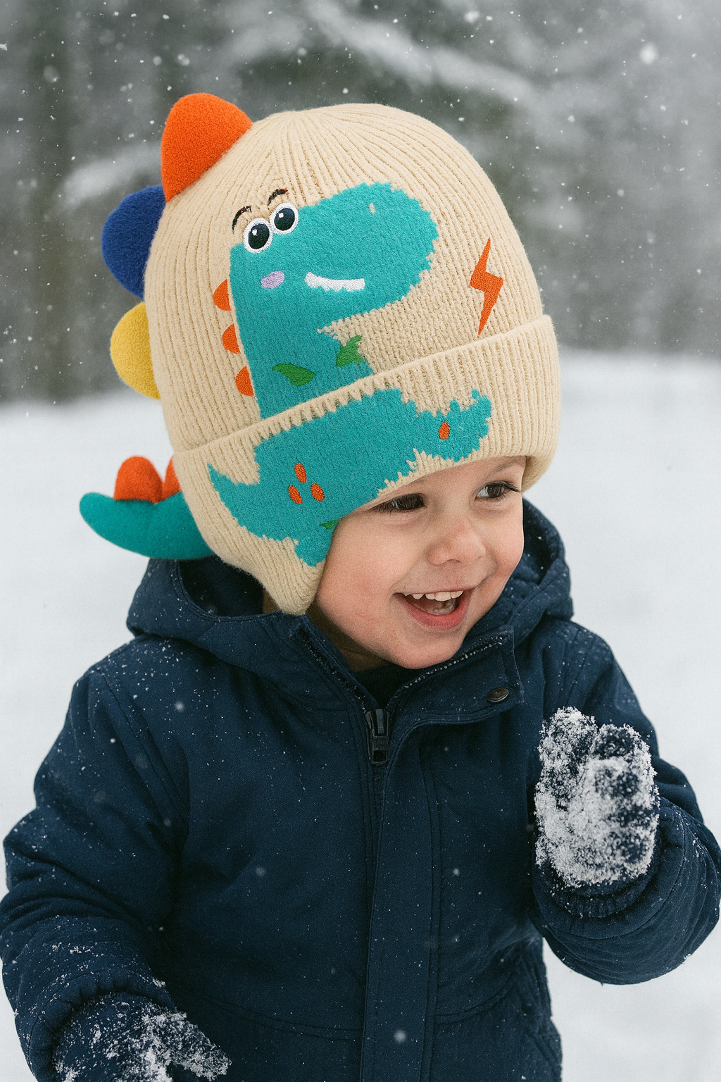 Dino Children’s 3D Embroidered Dinosaur Knitted Hat Kids Beanie Ear Cover Winter Hat