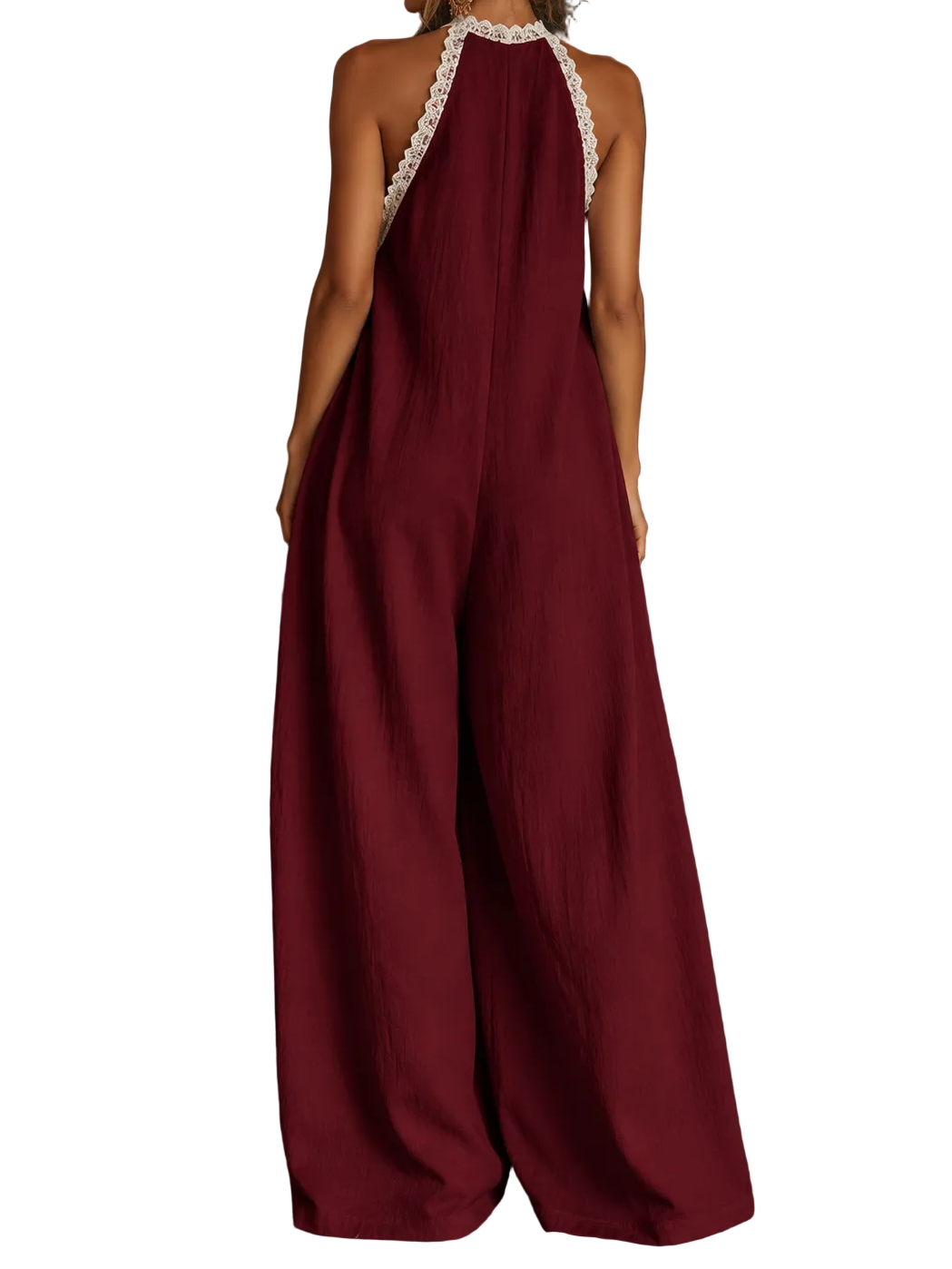 Lace Trim Plunging V-Neck Ultra Wide Leg Boho Jumpsuit Sleeveless One-Piece Outfit