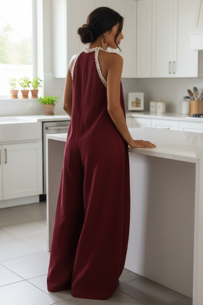Lace Trim Plunging V-Neck Ultra Wide Leg Boho Jumpsuit Sleeveless One-Piece Outfit