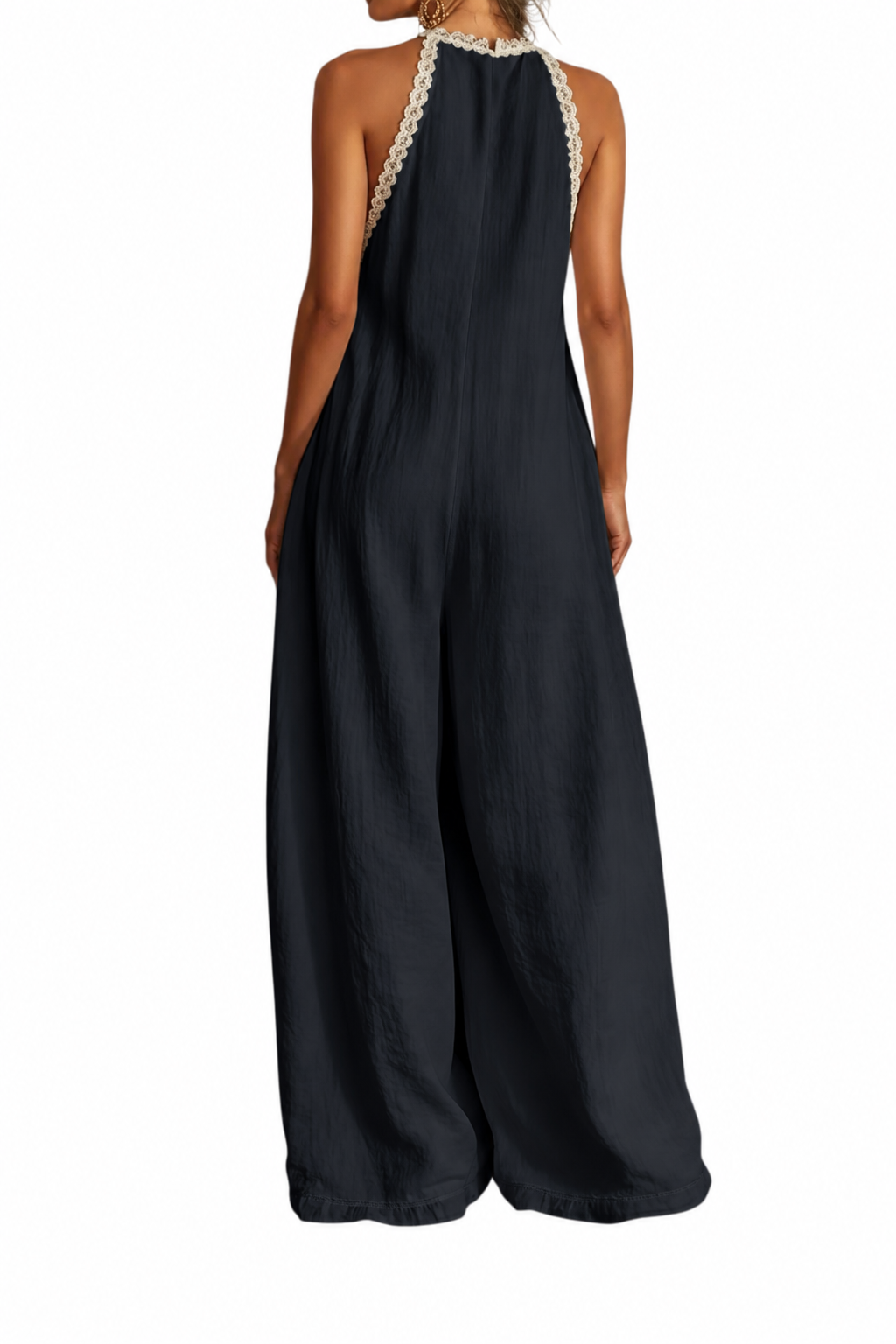 Lace Trim Plunging V-Neck Ultra Wide Leg Boho Jumpsuit Sleeveless One-Piece Outfit