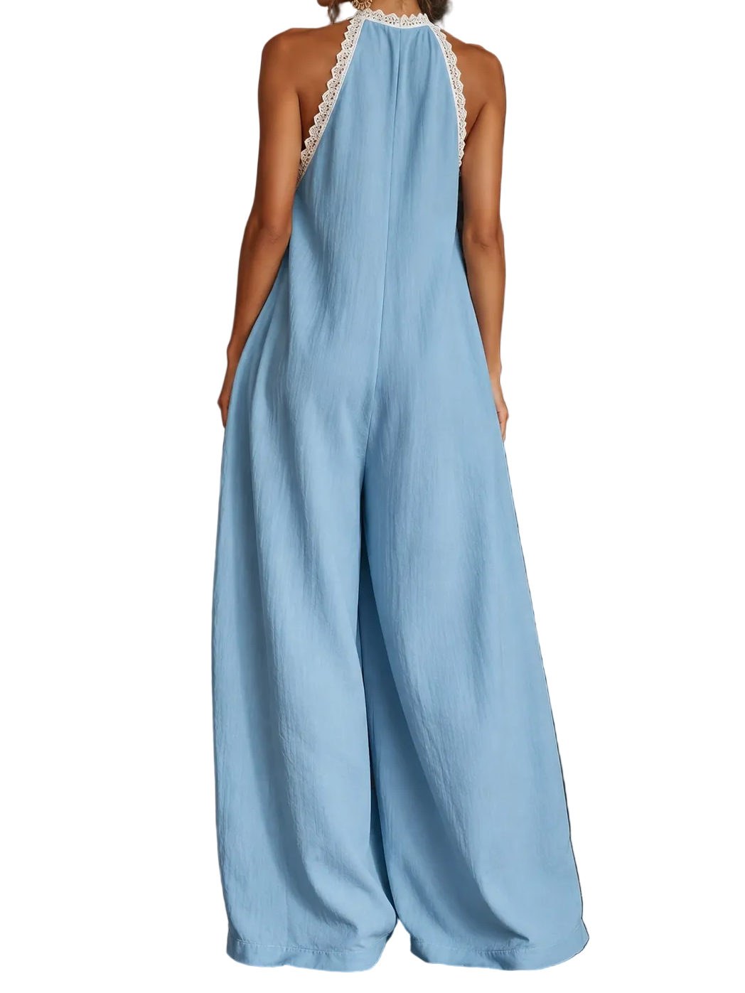 Lace Trim Plunging V-Neck Ultra Wide Leg Boho Jumpsuit Sleeveless One-Piece Outfit