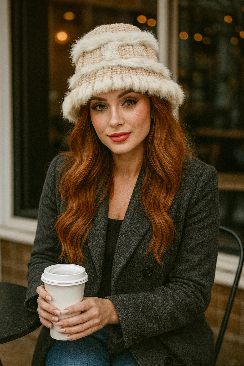 Fluffy Faux Fur Trim Soft Cable Knit Patchwork Plush Winter Boho Bucket Hat