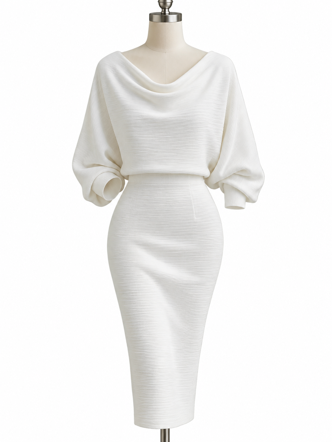 Knit Cotton Blend Ribbed Cowl Neck Bodycon Midi Sweater Dress Dolman Sleeve