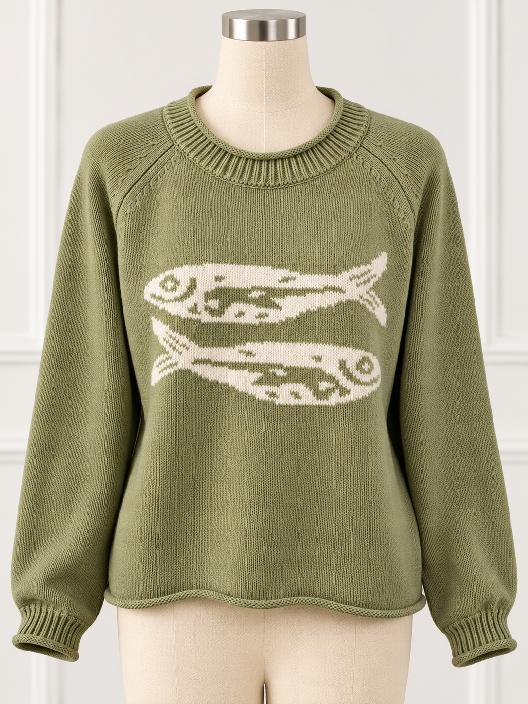 Sardine Fish Nautical Rolled Trim Crew Neck Knit Sweater Long Sleeve Pullover
