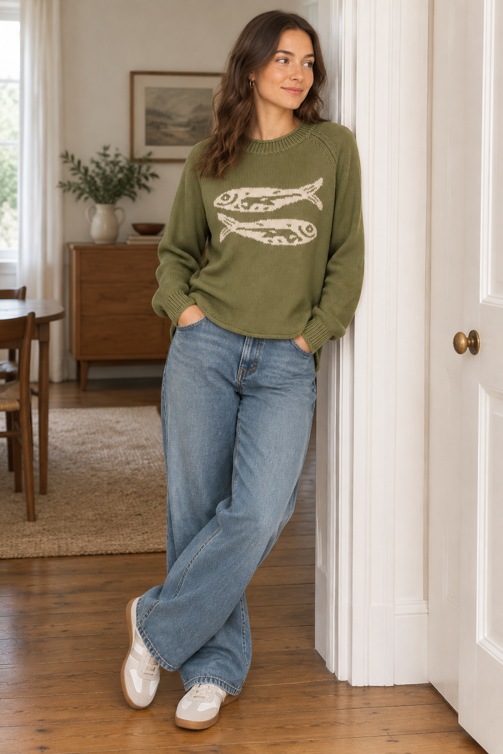 Sardine Fish Nautical Rolled Trim Crew Neck Knit Sweater Long Sleeve Pullover