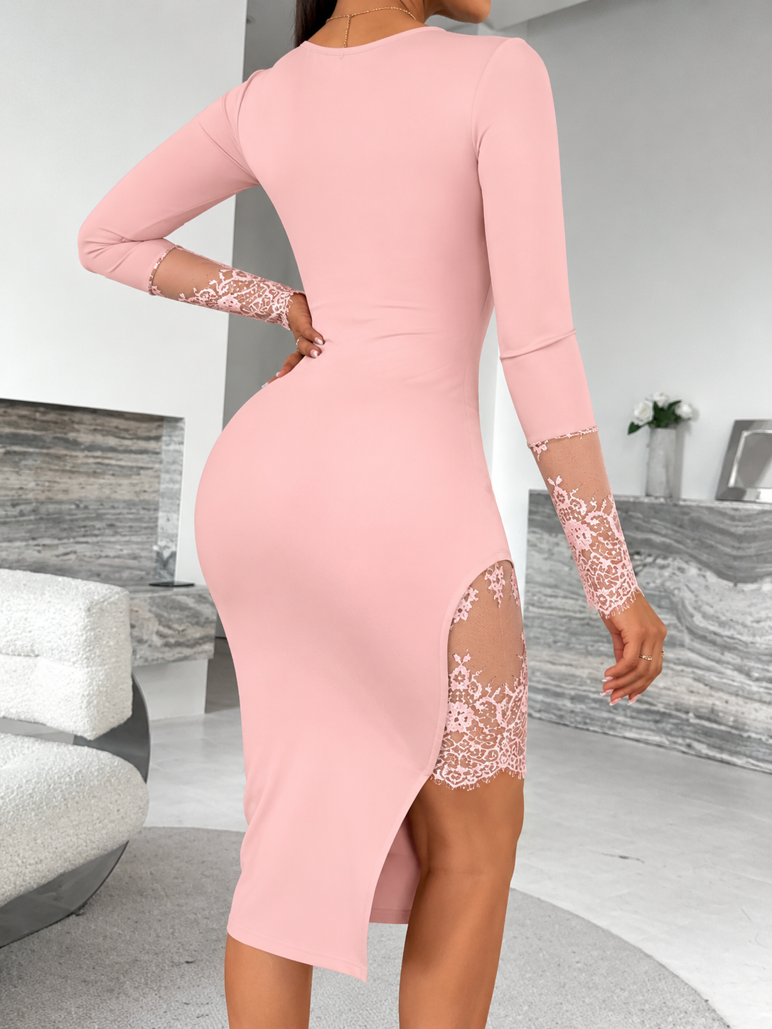 Square Neck Bodycon Floral Lace High Side Slit Sheer Pencil Long Sleeve Midi Dress
