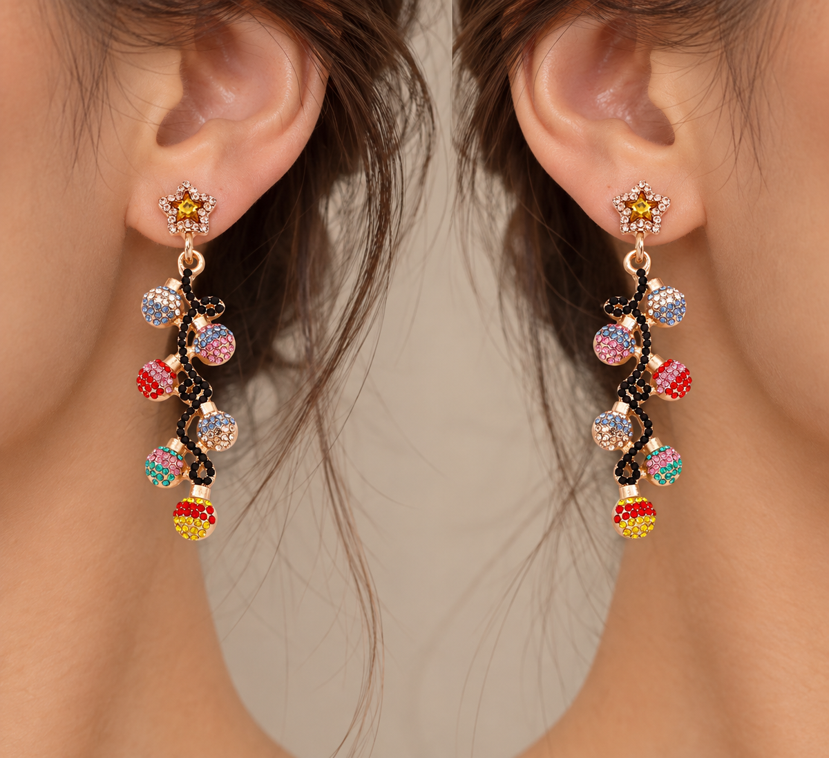 18K Gold Plated Rhinestone Christmas Light Bulb Holiday Dangle Statement Earrings
