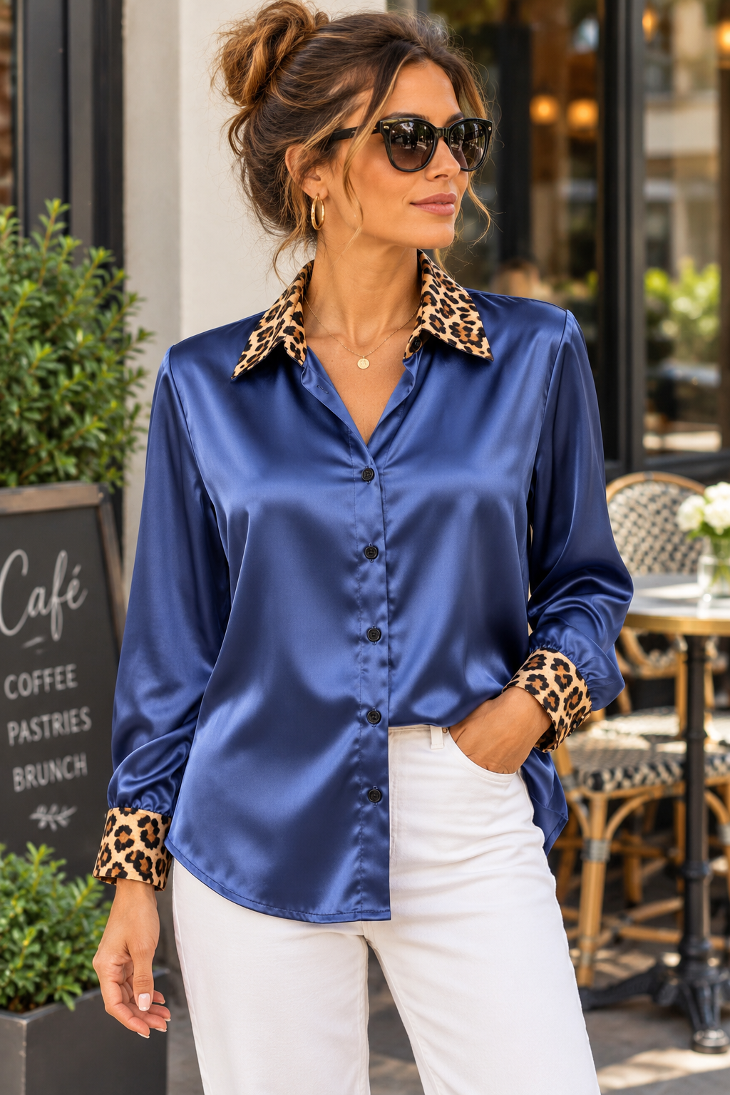Satin Leopard Print Collar Button-Up Blouse Contrast Cuff Long Sleeve Shirt
