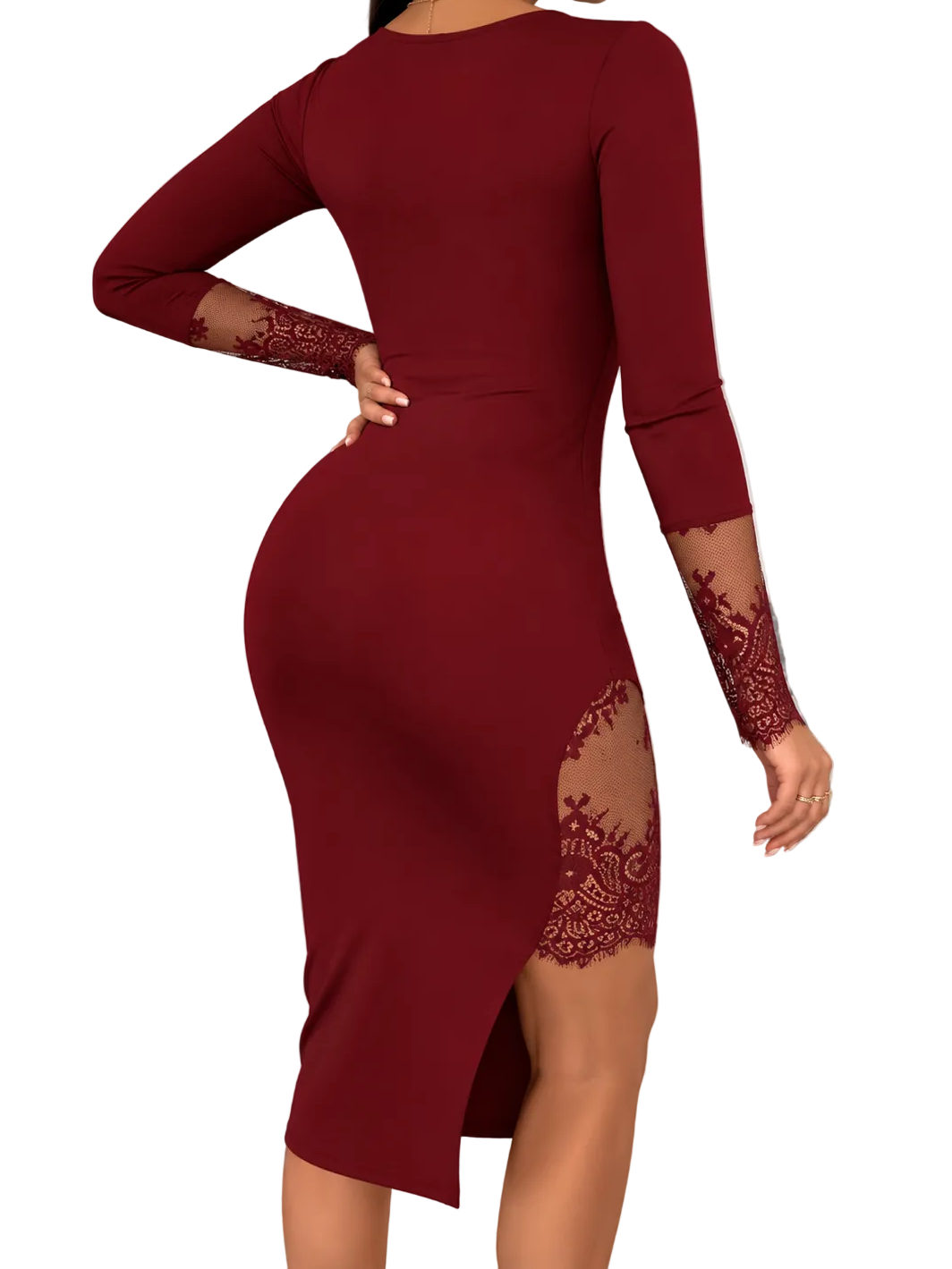 Square Neck Bodycon Floral Lace High Side Slit Sheer Pencil Long Sleeve Midi Dress