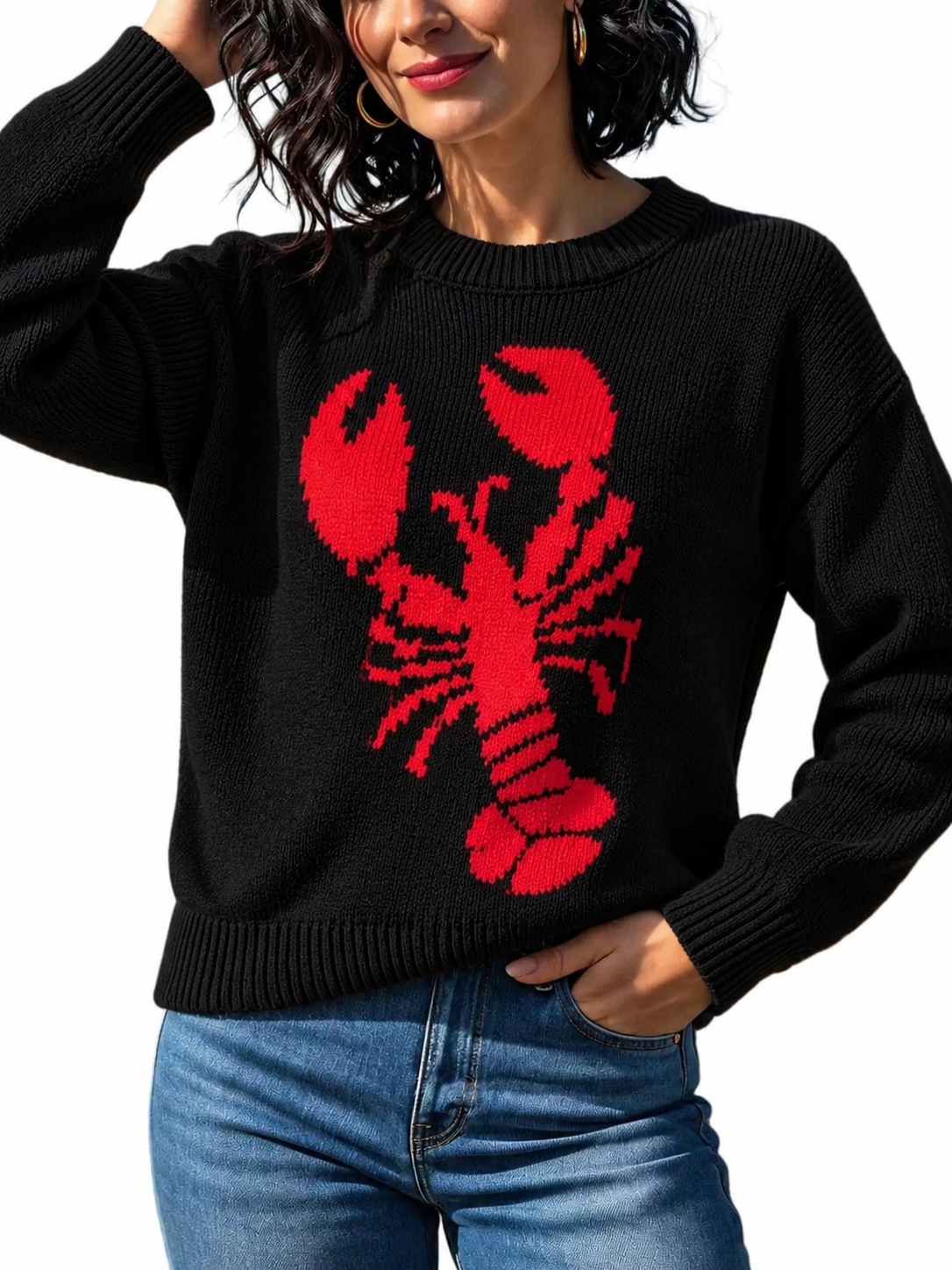 Lobster Graphic Knit Sweater Crew Neck Nautical Long Sleeve Coastal Pullover Top