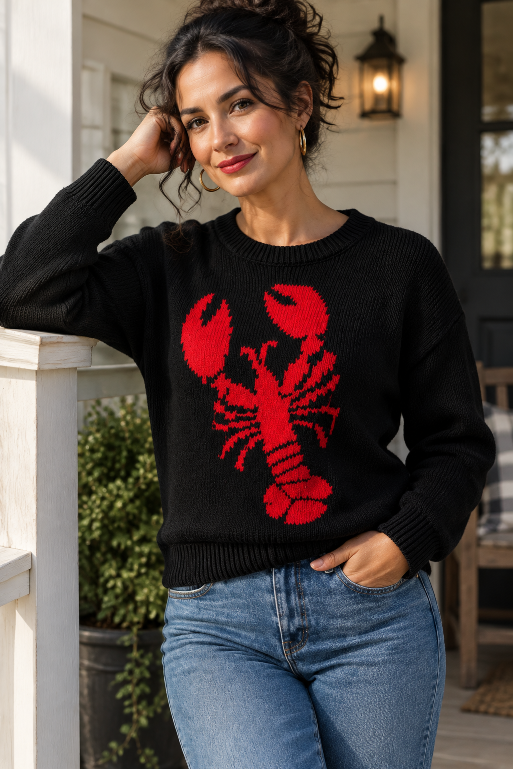Lobster Graphic Knit Sweater Crew Neck Nautical Long Sleeve Coastal Pullover Top