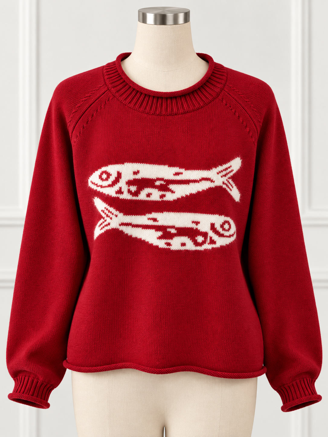 Sardine Fish Nautical Rolled Trim Crew Neck Knit Sweater Long Sleeve Pullover