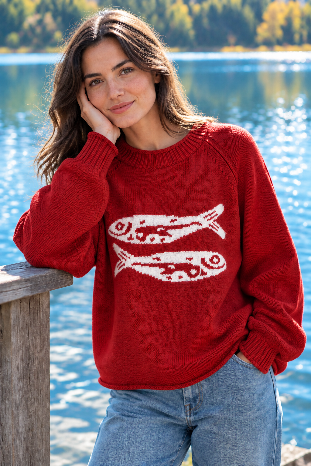 Sardine Fish Nautical Rolled Trim Crew Neck Knit Sweater Long Sleeve Pullover