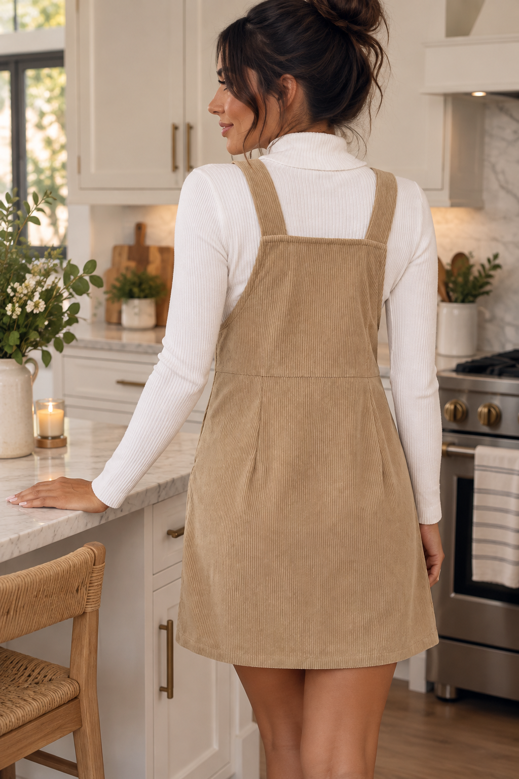 Corduroy Overall Pinafore Mini Dress Adjustable Bib Front Patch Pocket Jumper