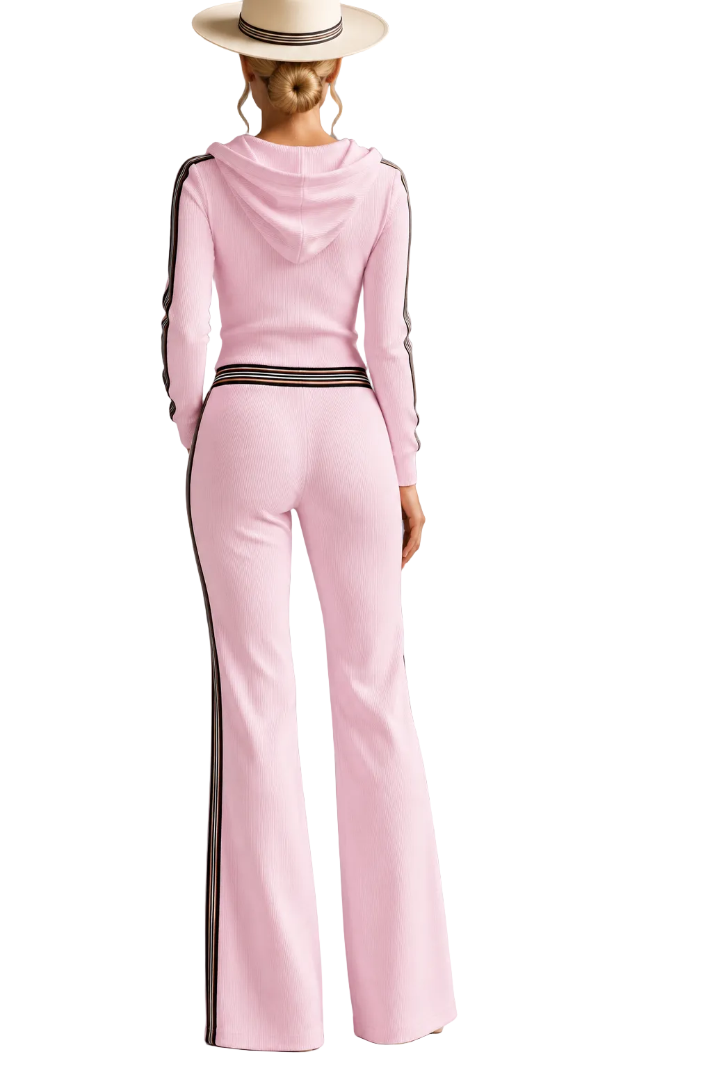 Ribbed Hooded Jumpsuit Half Zip Long Sleeve Striped Flare Leg One Piece Outfit