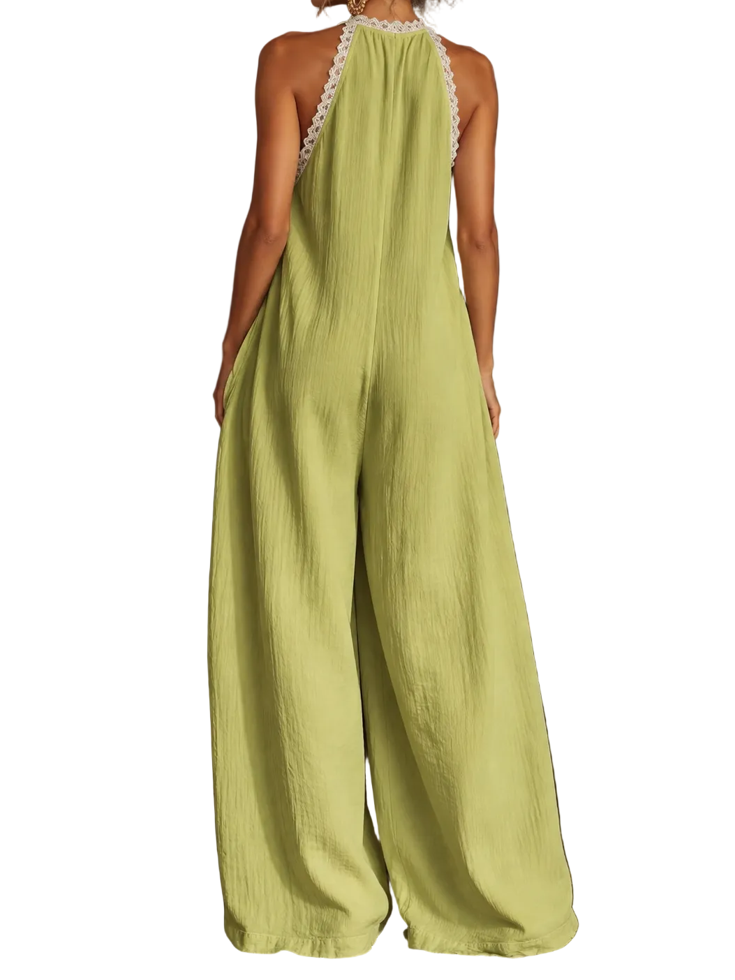 Lace Trim Plunging V-Neck Ultra Wide Leg Boho Jumpsuit Sleeveless One-Piece Outfit