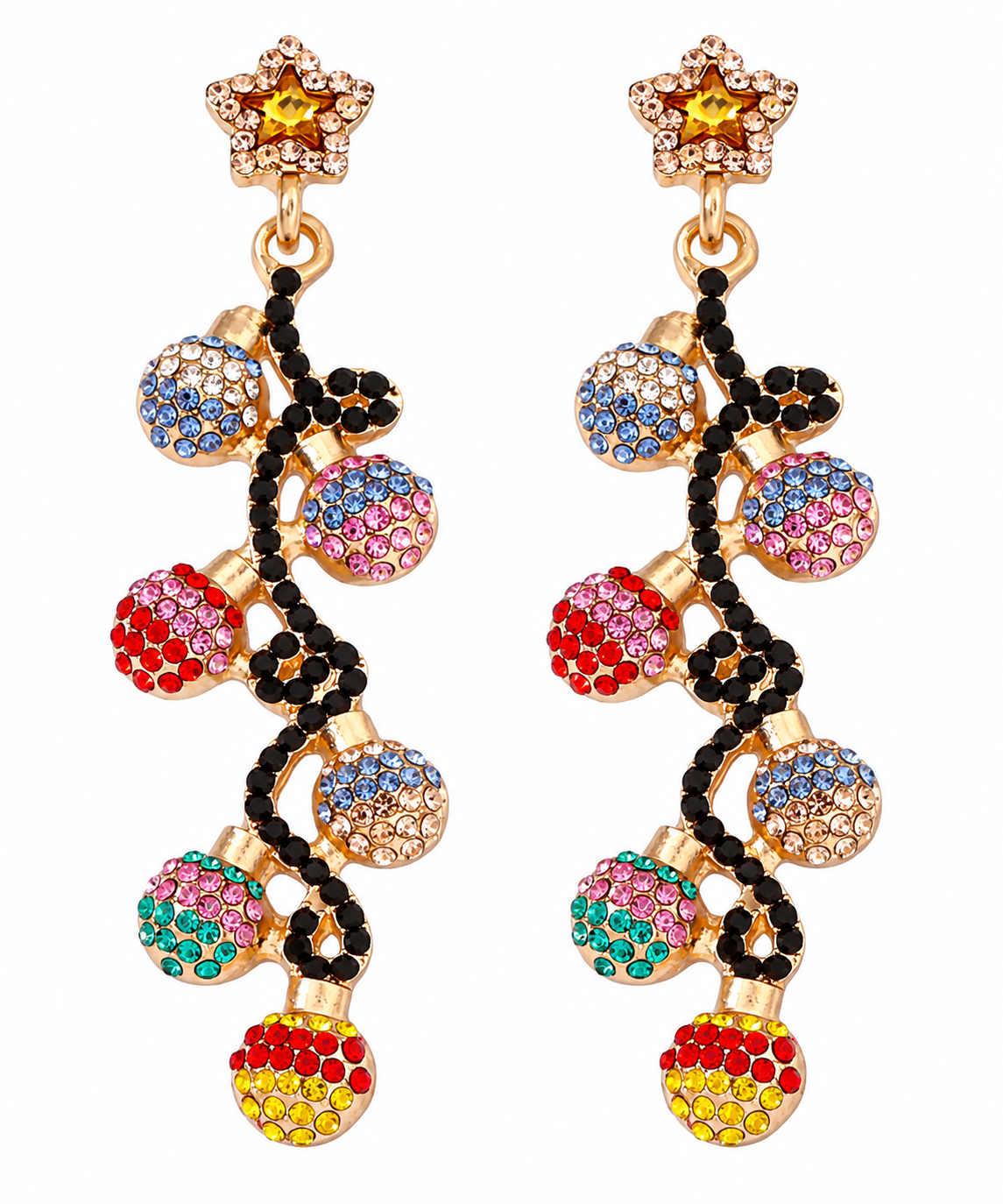 18K Gold Plated Rhinestone Christmas Light Bulb Holiday Dangle Statement Earrings