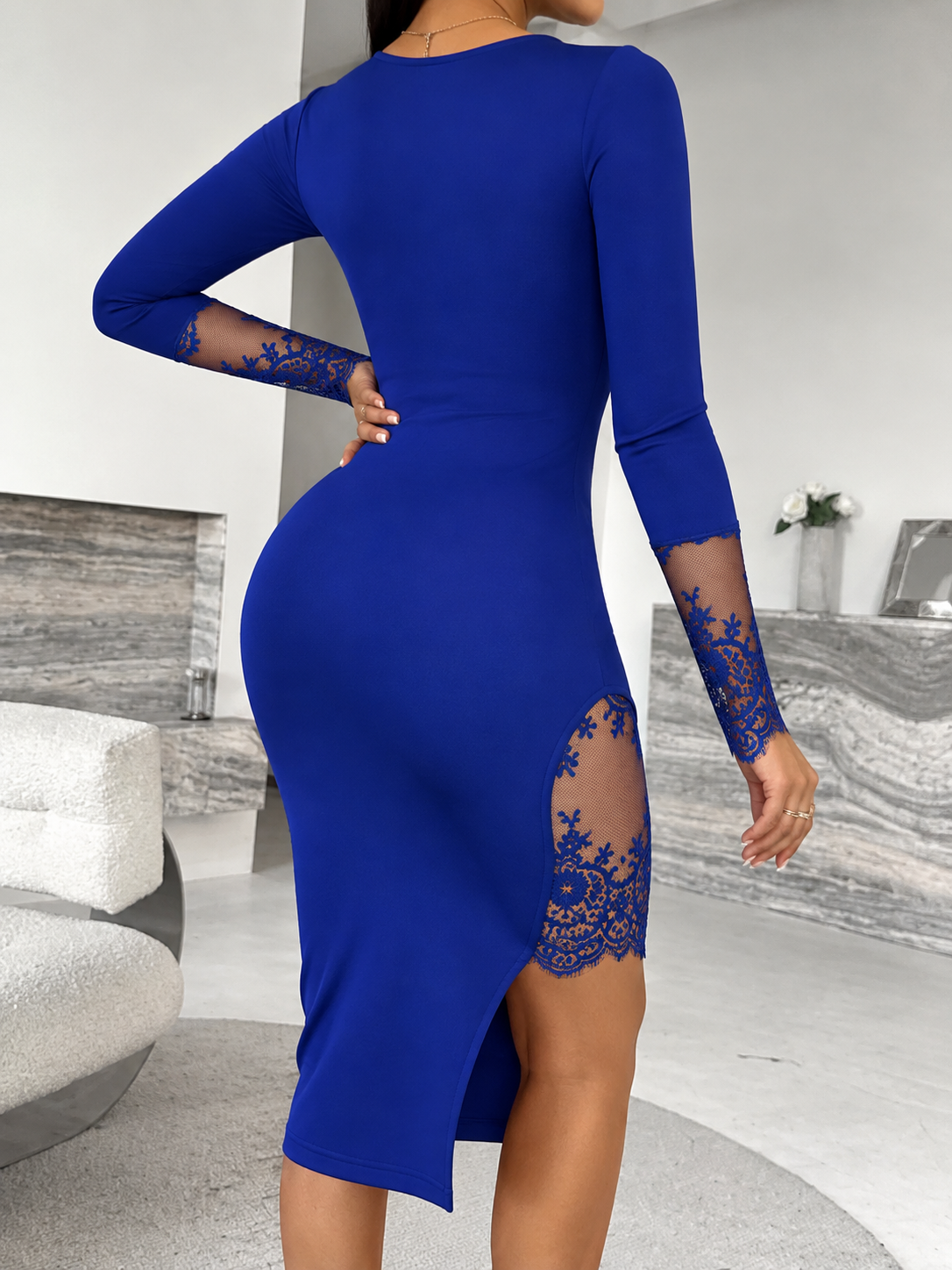 Square Neck Bodycon Floral Lace High Side Slit Sheer Pencil Long Sleeve Midi Dress