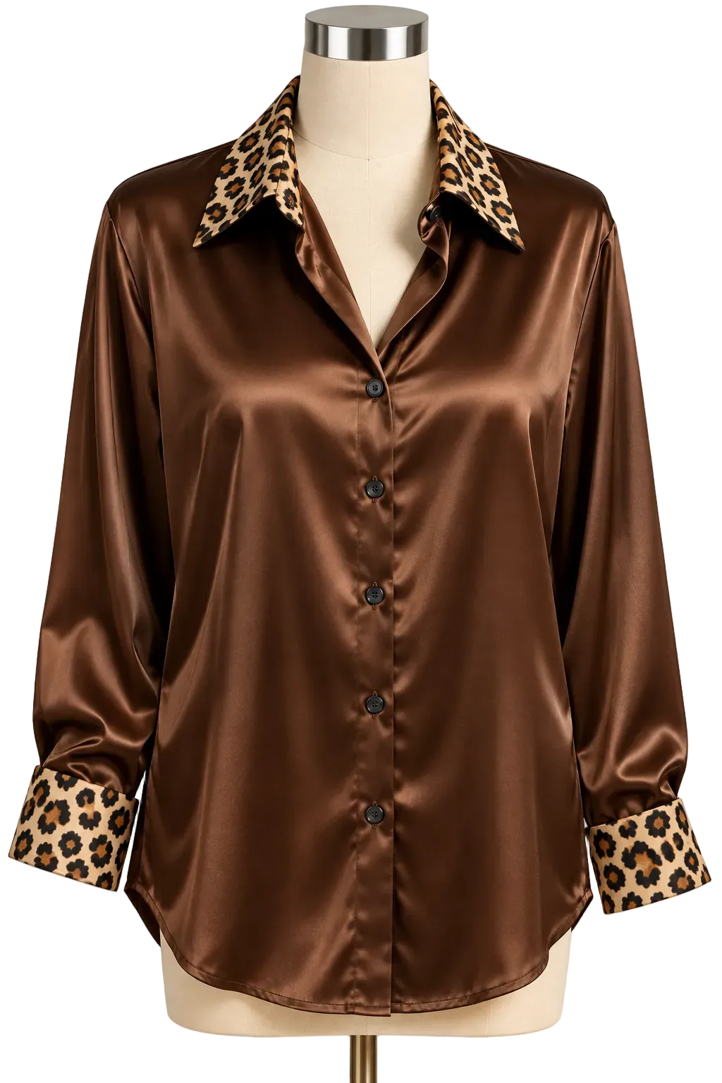 Satin Leopard Print Collar Button-Up Blouse Contrast Cuff Long Sleeve Shirt
