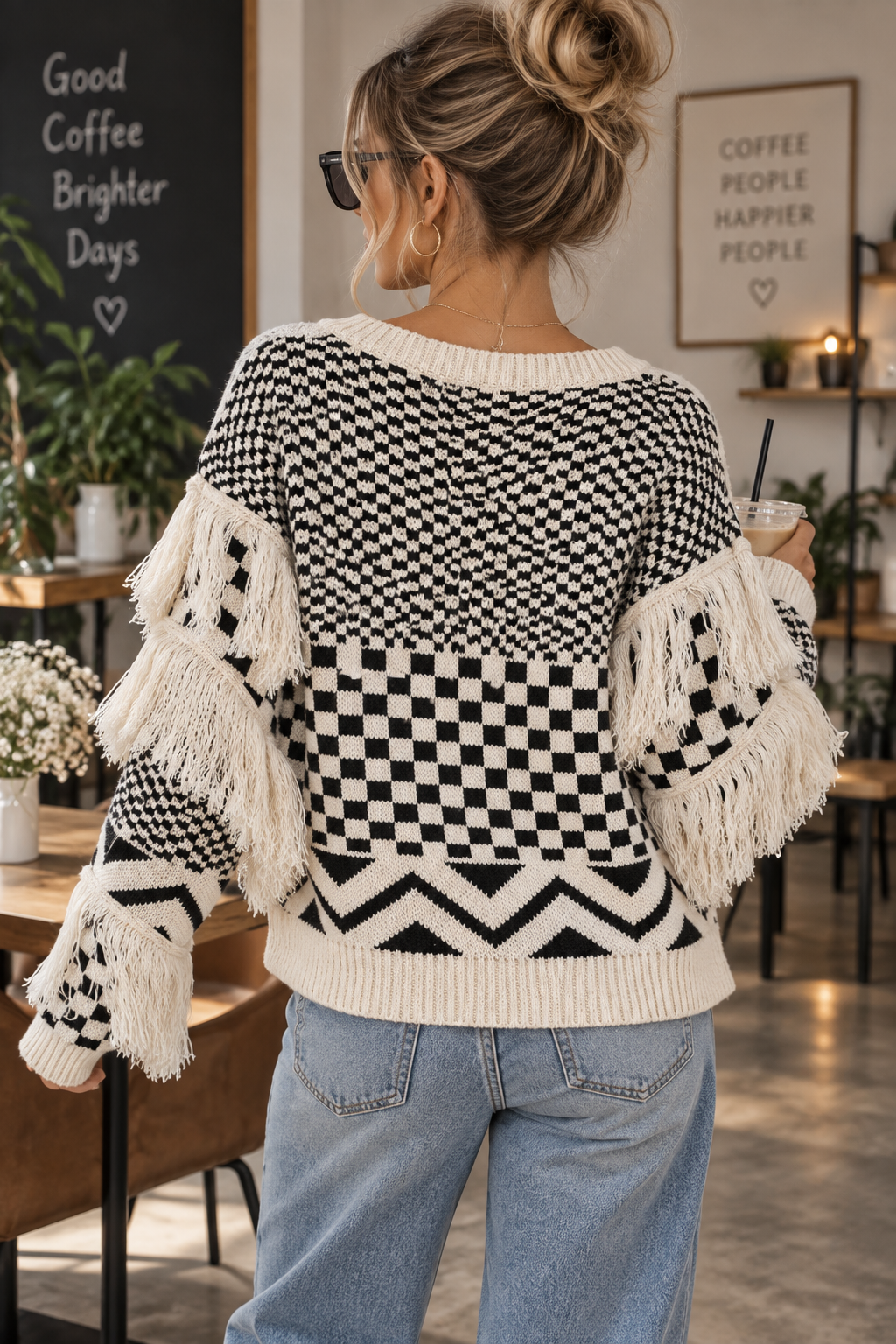 Geometric Retro Fringe Wide Boat V-Neck Knit Sweater Long Sleeve Pullover Top