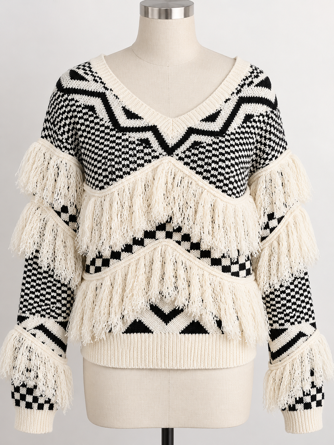 Geometric Retro Fringe Wide Boat V-Neck Knit Sweater Long Sleeve Pullover Top