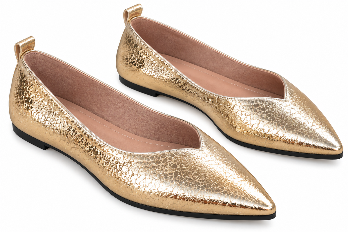 Crackle Metallic Pointed Toe Ballet Flats Slip-On Shiny Faux Leather V-cut Top Shoes