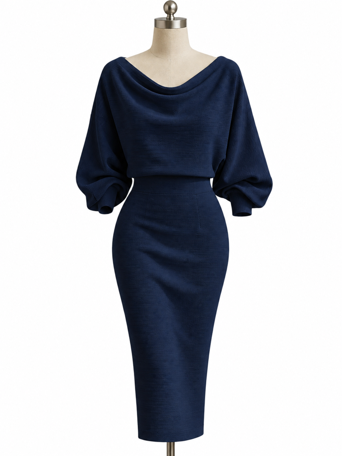 Knit Cotton Blend Ribbed Cowl Neck Bodycon Midi Sweater Dress Dolman Sleeve