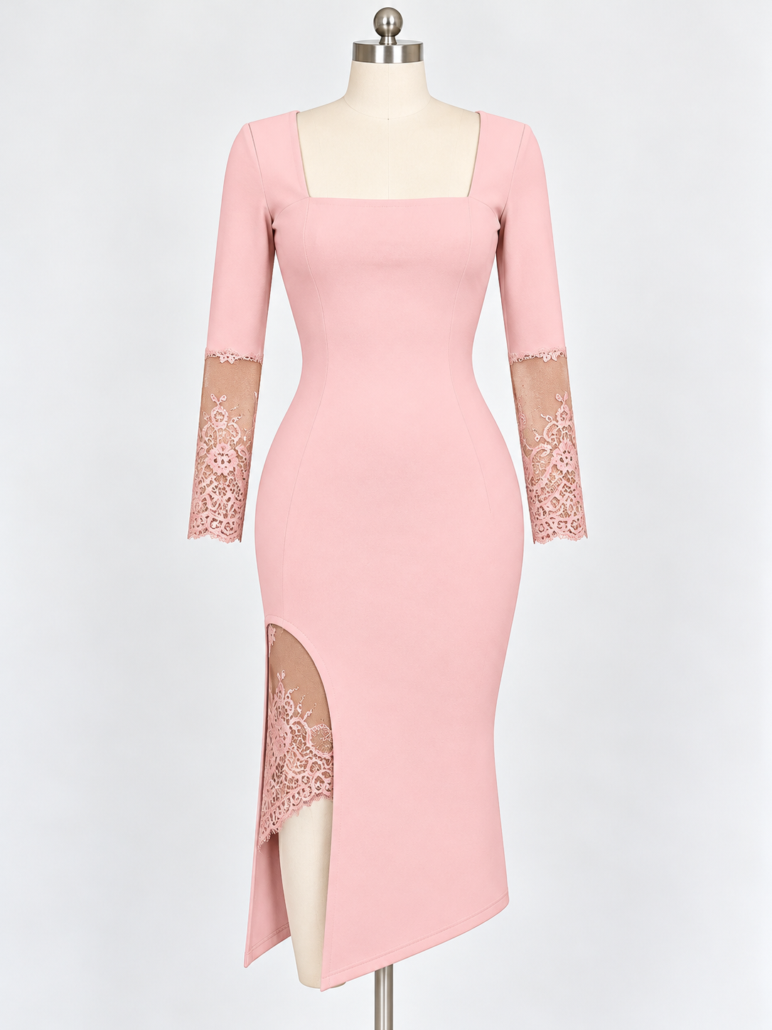 Square Neck Bodycon Floral Lace High Side Slit Sheer Pencil Long Sleeve Midi Dress