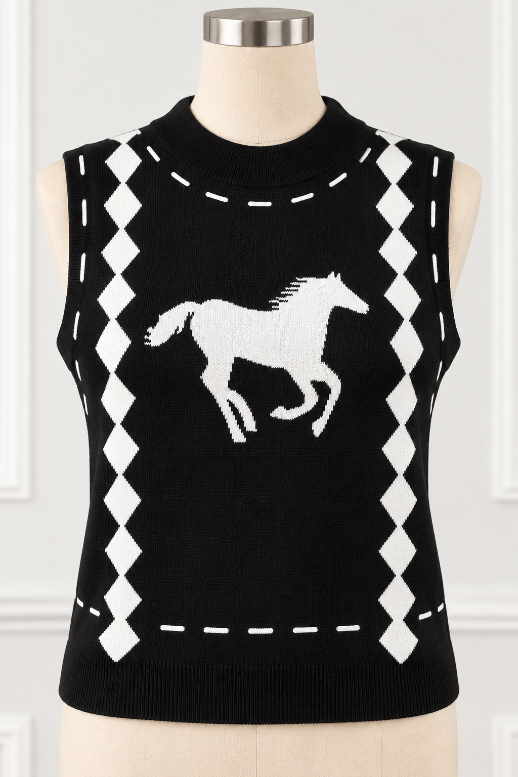 Galloping Horse Argyle Mock Neck Knit Sweater Vest Western Equestrian Pullover
