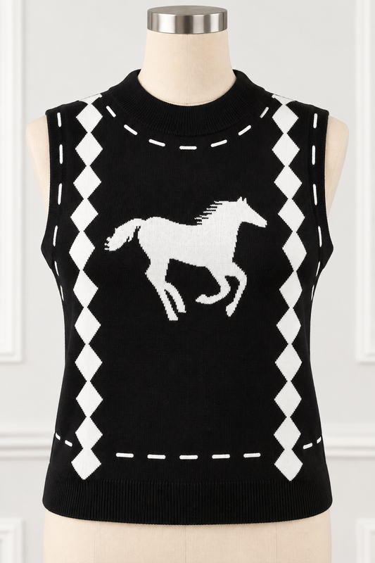 Galloping Horse Argyle Mock Neck Knit Sweater Vest Western Equestrian Pullover