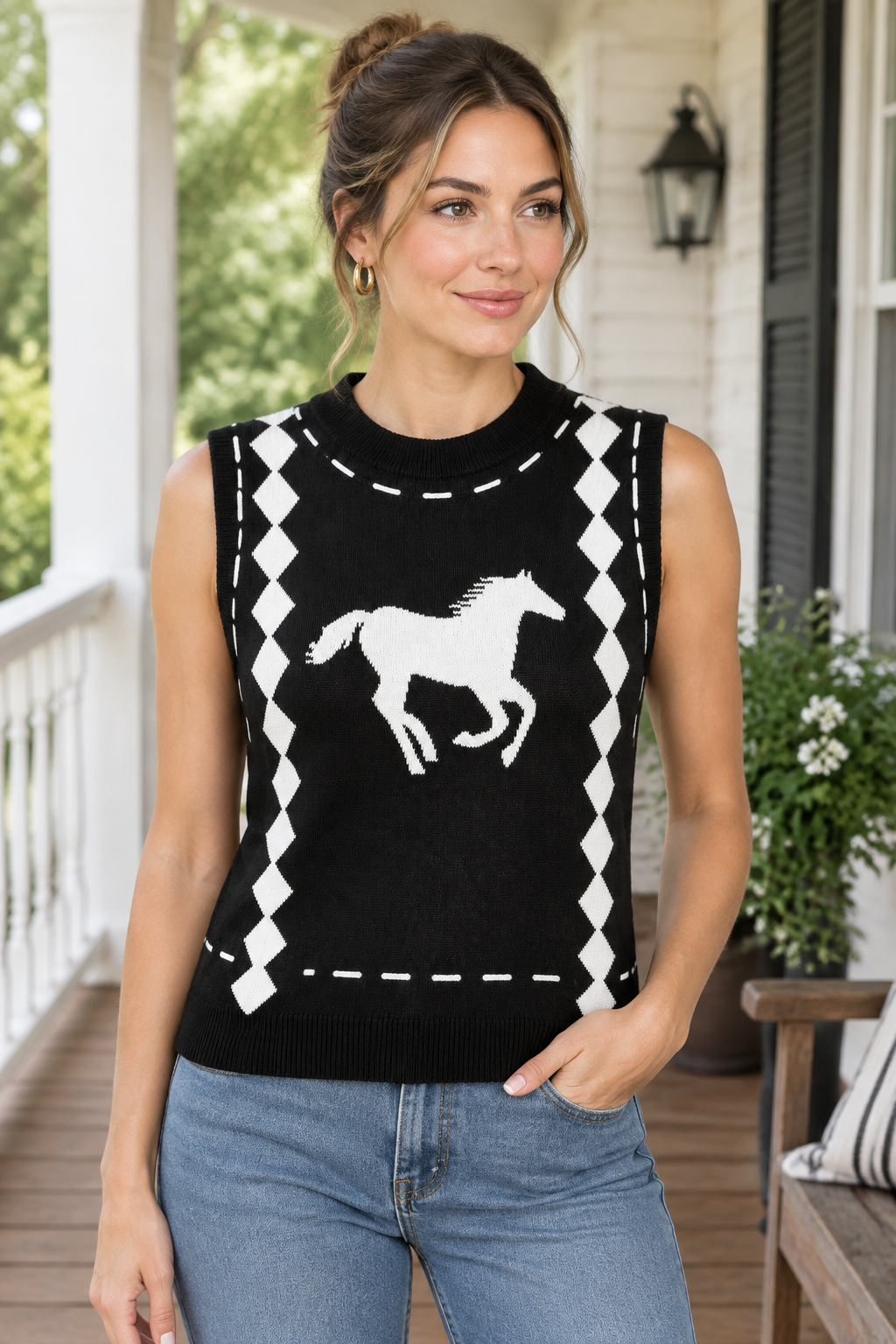 Galloping Horse Argyle Mock Neck Knit Sweater Vest Western Equestrian Pullover