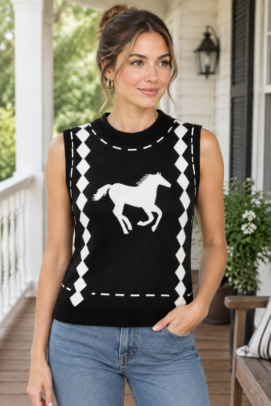 Galloping Horse Argyle Mock Neck Knit Sweater Vest Western Equestrian Pullover