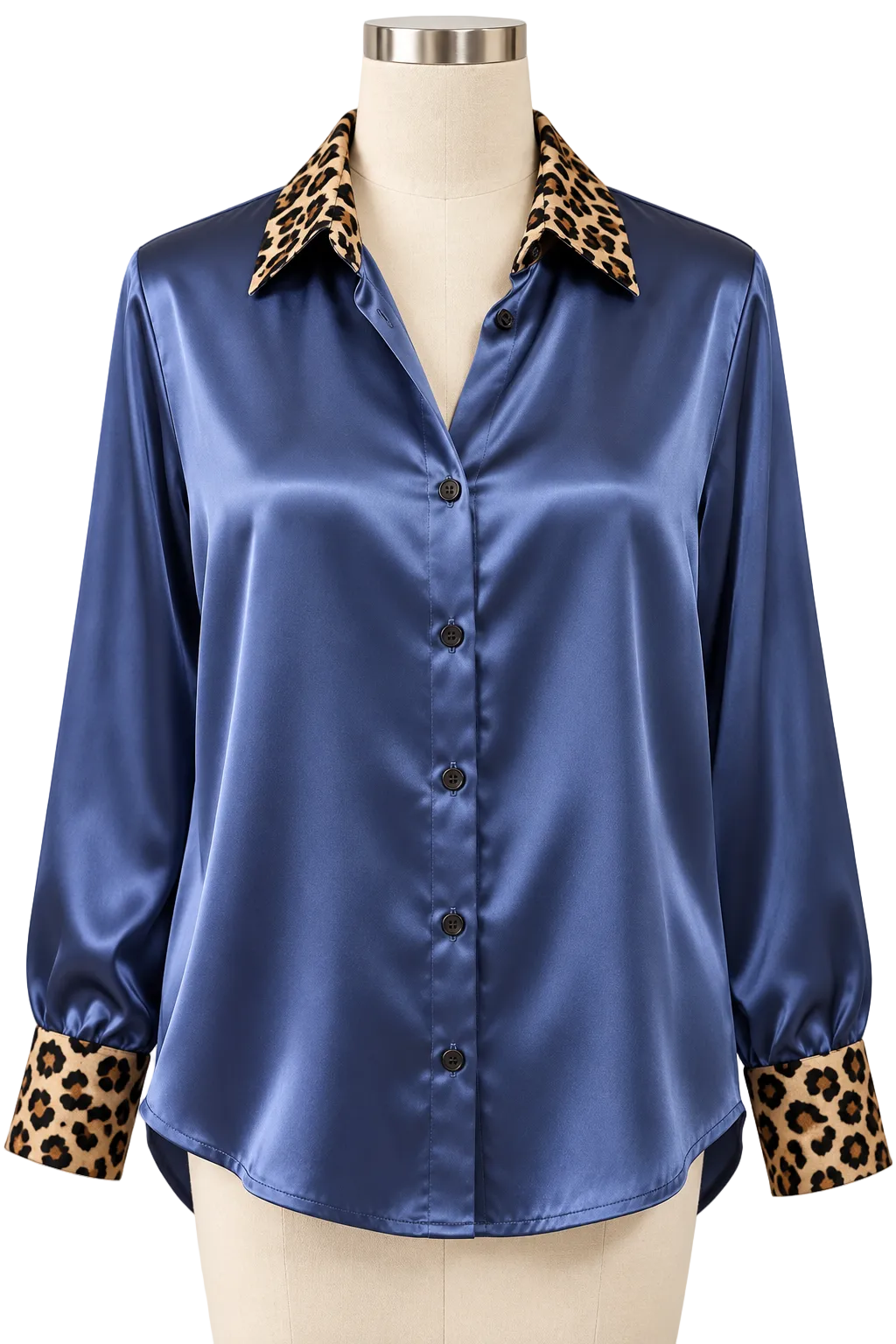 Satin Leopard Print Collar Button-Up Blouse Contrast Cuff Long Sleeve Shirt