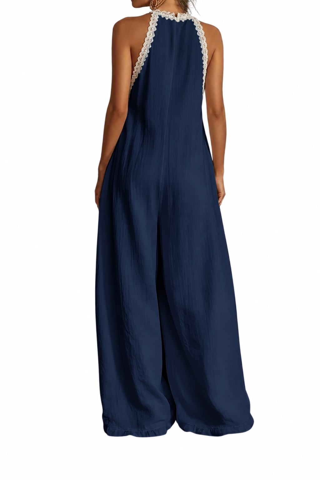 Lace Trim Plunging V-Neck Ultra Wide Leg Boho Jumpsuit Sleeveless One-Piece Outfit