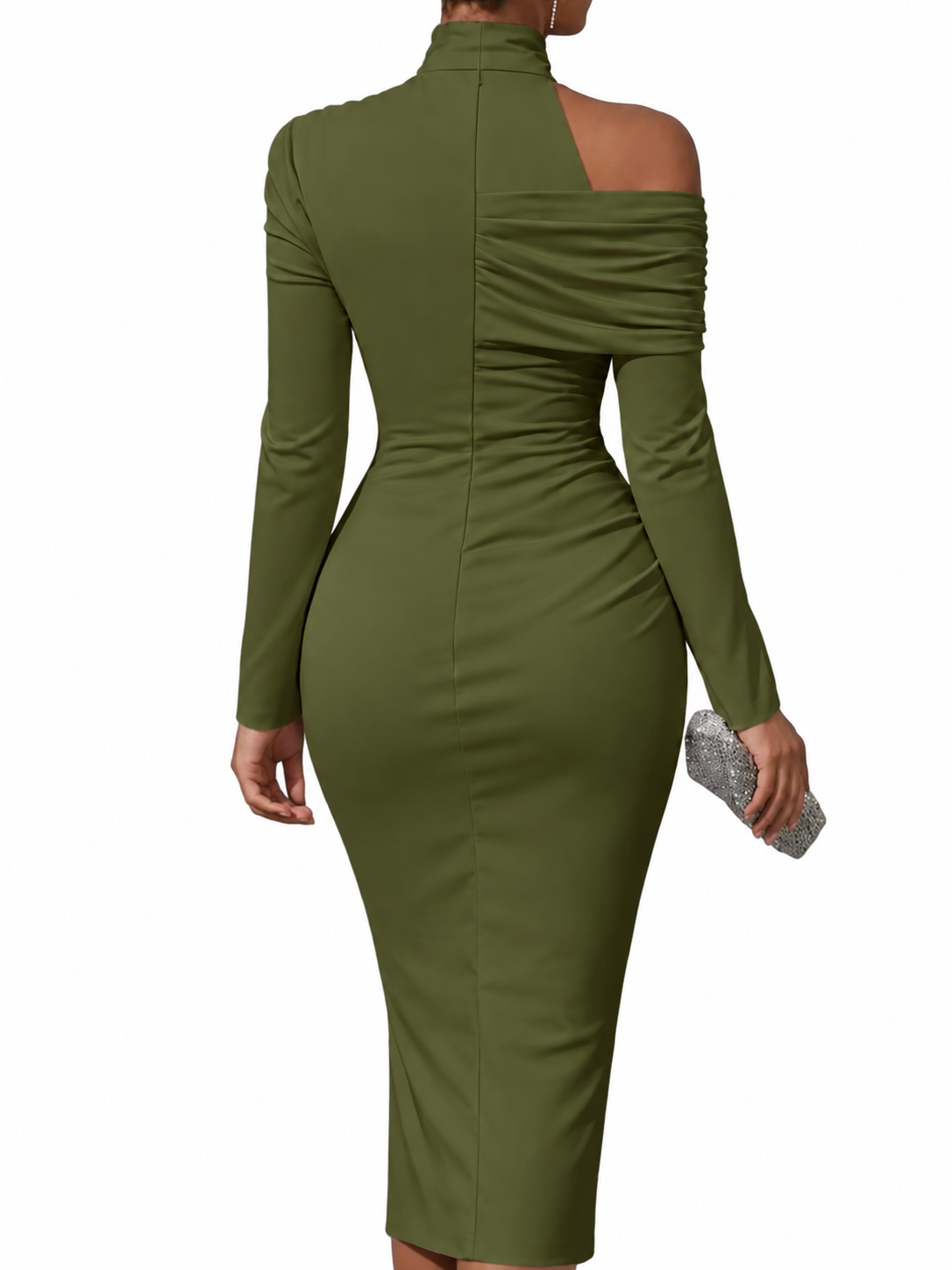Asymmetrical One Shoulder Mock Neck Ruched Bodycon Midi Dress High Front Slit