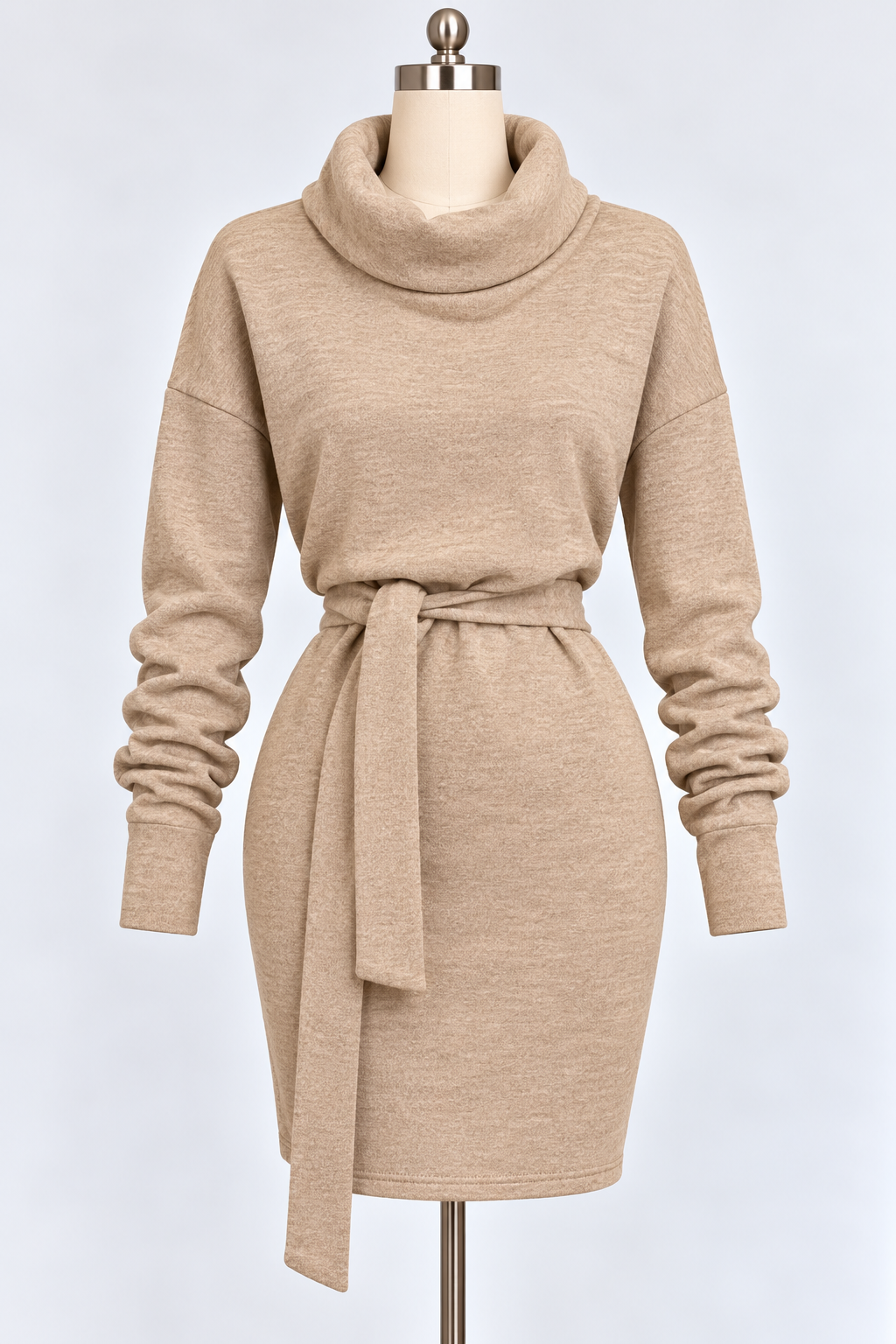 Turtleneck Belted Long Sleeve Thumb Hole Knit Oversized Sweater Mini Dress