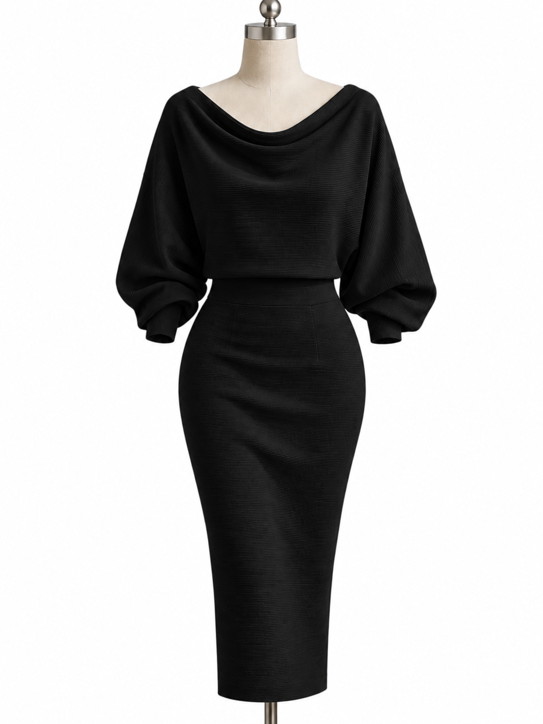 Knit Cotton Blend Ribbed Cowl Neck Bodycon Midi Sweater Dress Dolman Sleeve
