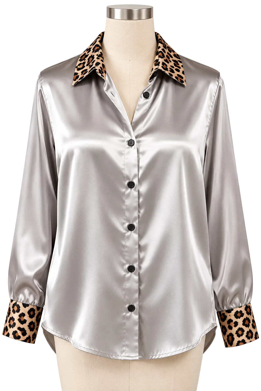 Satin Leopard Print Collar Button-Up Blouse Contrast Cuff Long Sleeve Shirt