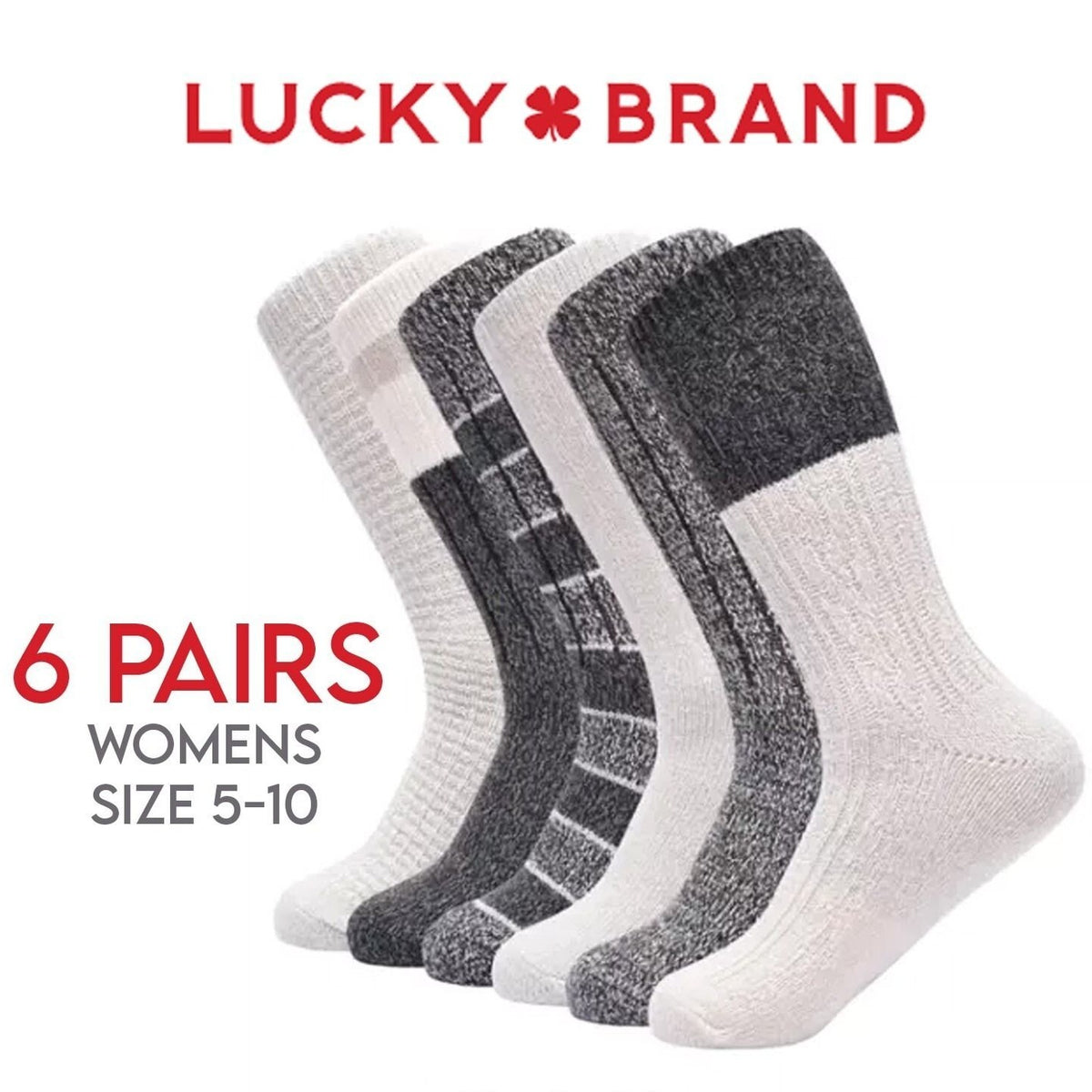 6 Pk Lucky Brand 5-10 Tall Knit Super Soft Yarn Boot Socks Winter Cozy Gray