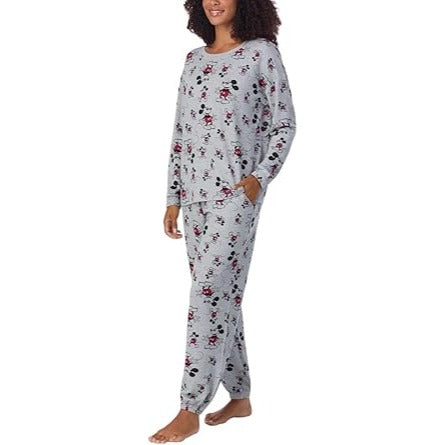 Disney Womens 2 Piece PJs Mickey Mouse Monogram Pajama Set Long Sleeve Top Jogger Elastic Waist Drawstring Pants Sleepwear
