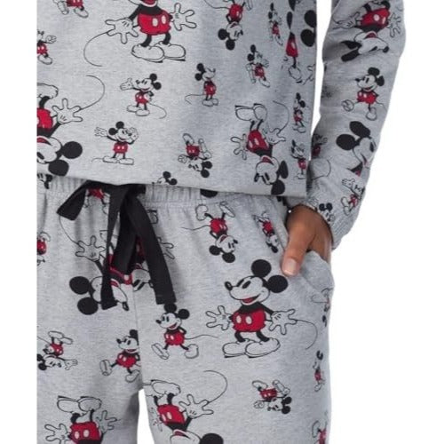 Disney Womens 2 Piece PJs Mickey Mouse Monogram Pajama Set Long Sleeve Top Jogger Elastic Waist Drawstring Pants Sleepwear
