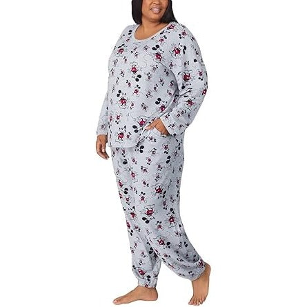 Disney Womens 2 Piece PJs Mickey Mouse Monogram Pajama Set Long Sleeve Top Jogger Elastic Waist Drawstring Pants Sleepwear