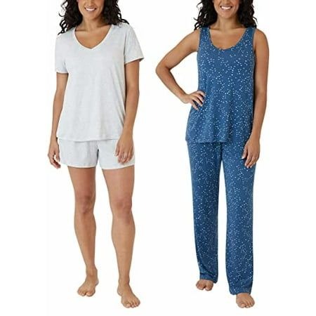 Eddie Bauer Women's 4-Piece Lounge Pajama Set Shirt Tank Top Shorts Pants Sleepwear Loungewear Gray/Blue Star